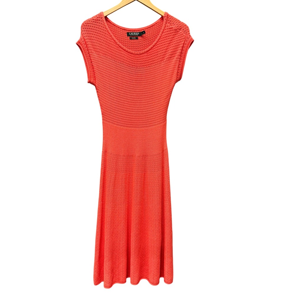 Lauren Ralph Lauren Dress Womens Large Crochet Knit Fit & Flare Coral Pink Lined